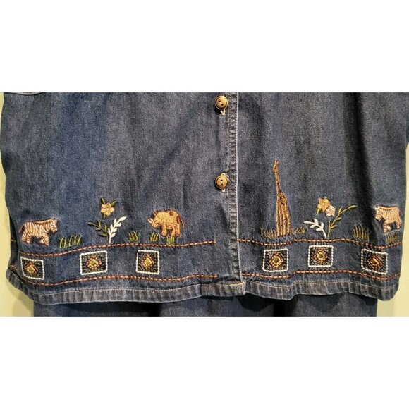 Vtg Deadstock Denim Safari Animal Embroidered Modest 2pc Maxi Dress & Jacket XL - Picture 3 of 14